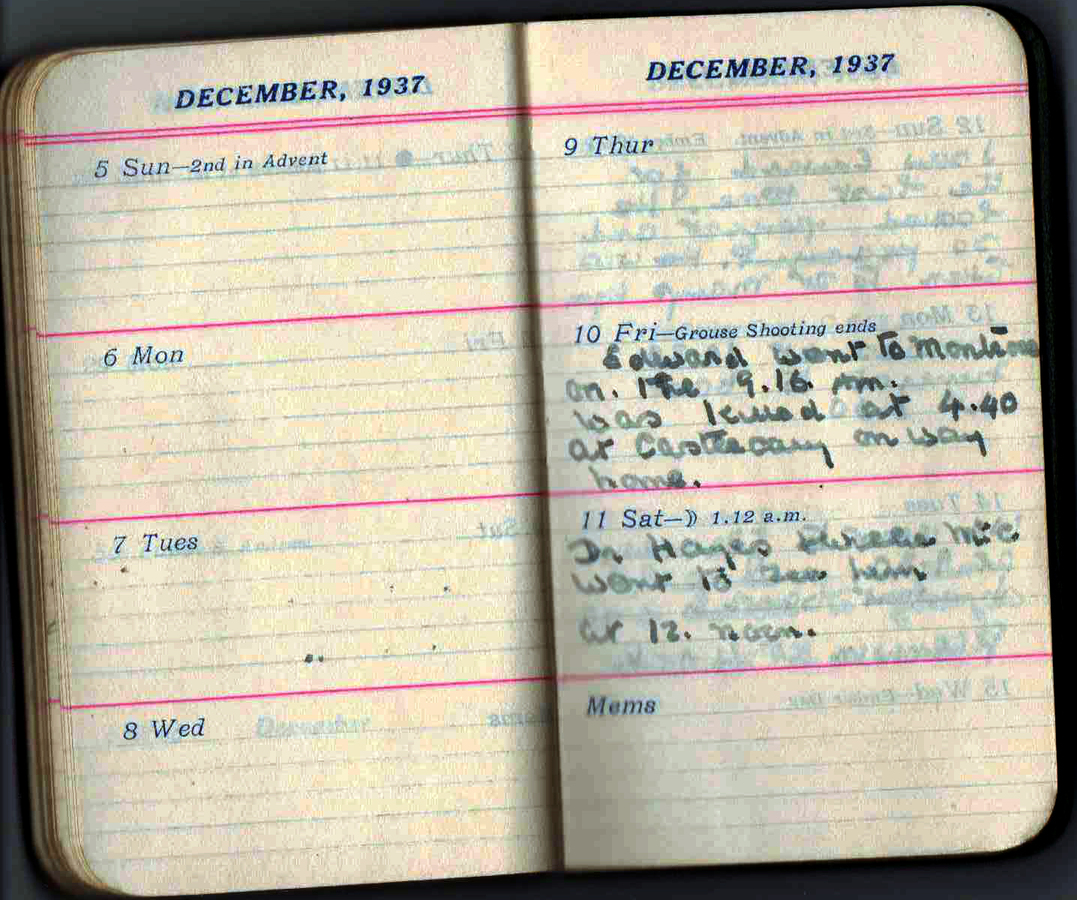 Eileen’s entry into Edward’s diary on the day he died: Edward went to Montrose on the 9.16am. He was killed at 4.40 at Castlecary on way home.
